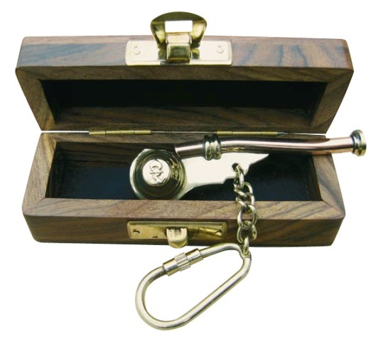 Porte-clé - Sifflet de bosco en laiton-cuivre et fonctionnel - avec boîte en bois - décoration marine
