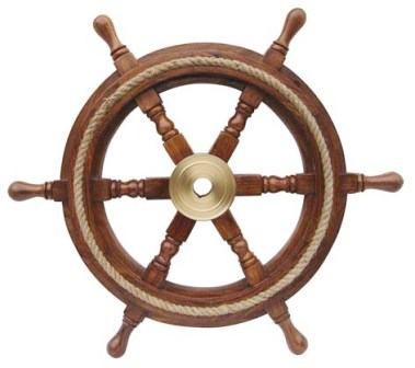 Barre à roue en bois et laiton avec corde autour - décoration marine