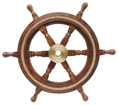 Barre à roue en bois et laiton avec corde autour - décoration marine