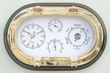 Horloge - Baromètre - Thermomètre et Hygromètre - hublot ovale en laiton-bois - décoration marine