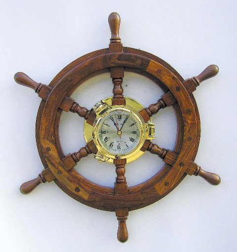 Horloge sur barre à roue en bois-laiton - mouvement à quartz  - décoration marine