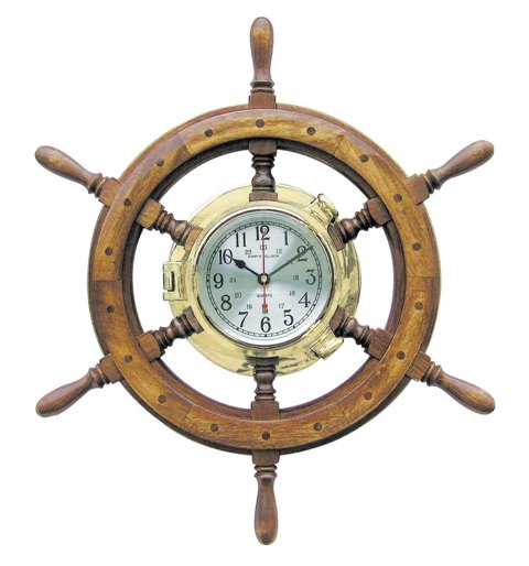 Horloge sur barre à roue en bois-laiton - mouvement à quartz - décoration marine