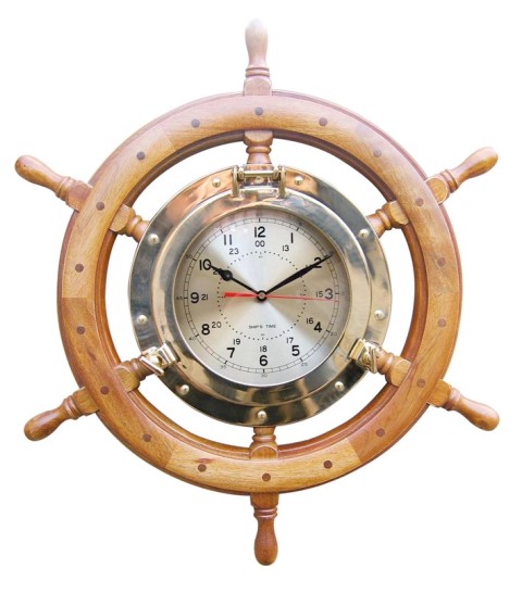 Horloge dans barre à roue en bois-laiton - mouvement à quartz  - décoration marine