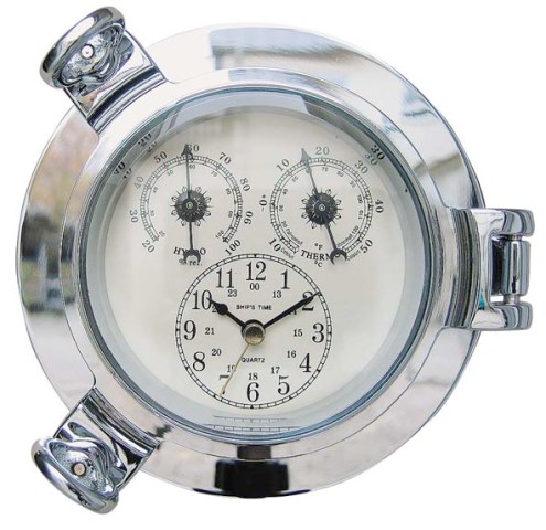 Horloge Hublot - Thermomètre et Hygromètre - chromé - mouvement à quartz - décoration marine