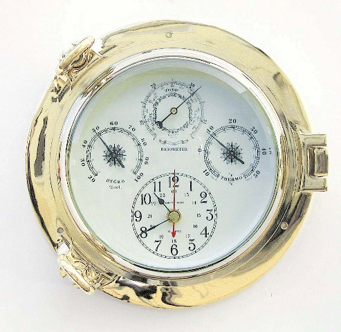 Horloge-Thermomètre - Hygromètre - Baromètre - Hublot en laiton - mouvement à quartz - décoration marine