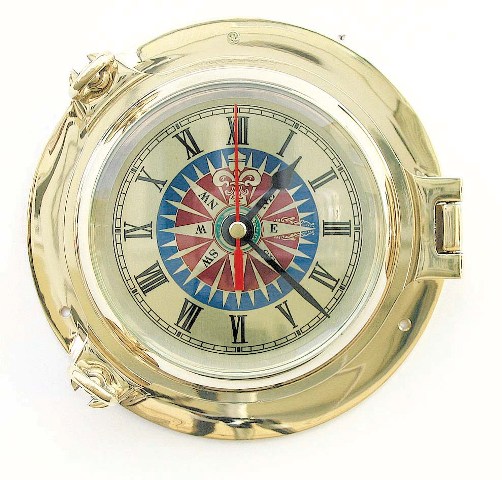 Horloge Hublot - cadran rose des vents en laiton - mouvement à quartz - décoration marine
