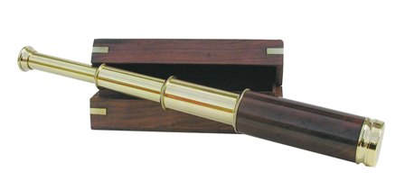 Télescope et boite en laiton - poignée en bois - avec boîte en bois - décoration marine